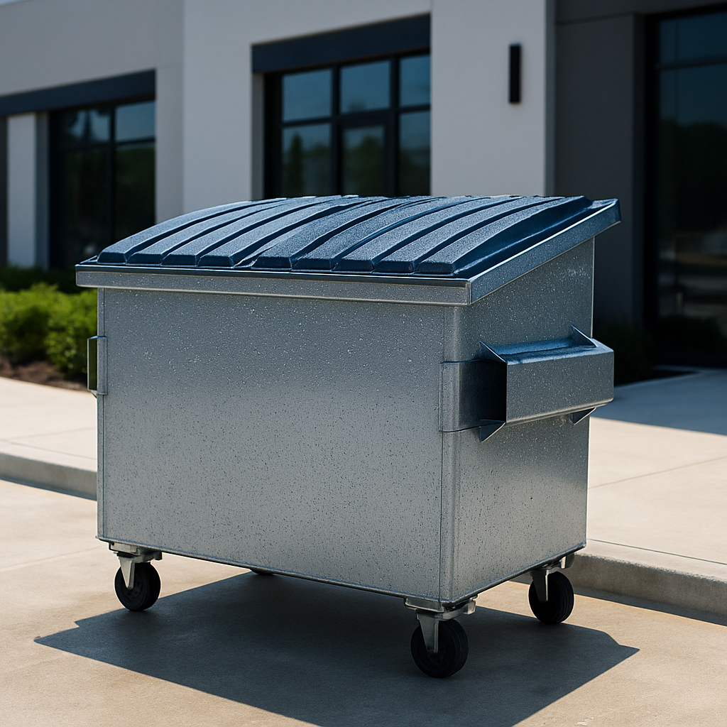 Freshly cleaned and sanitized commercial dumpster behind a restaurant