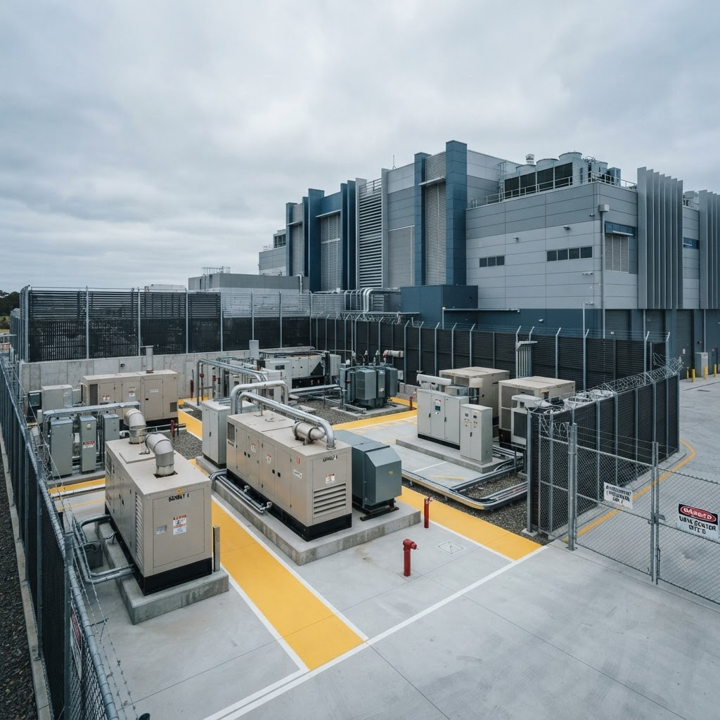 Exterior mechanical equipment yard with generator enclosures on clean industrial concrete