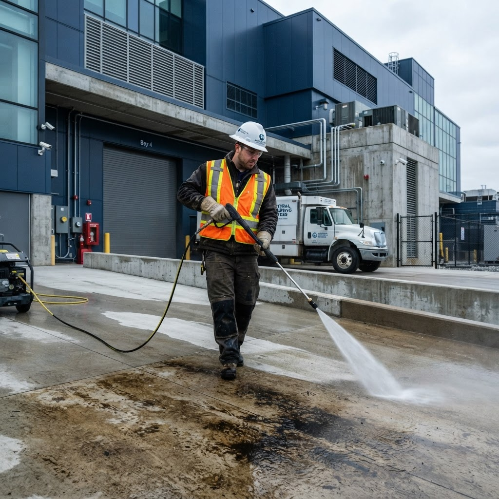 Cleaning technician in full PPE pressure washing an exterior industrial loading area